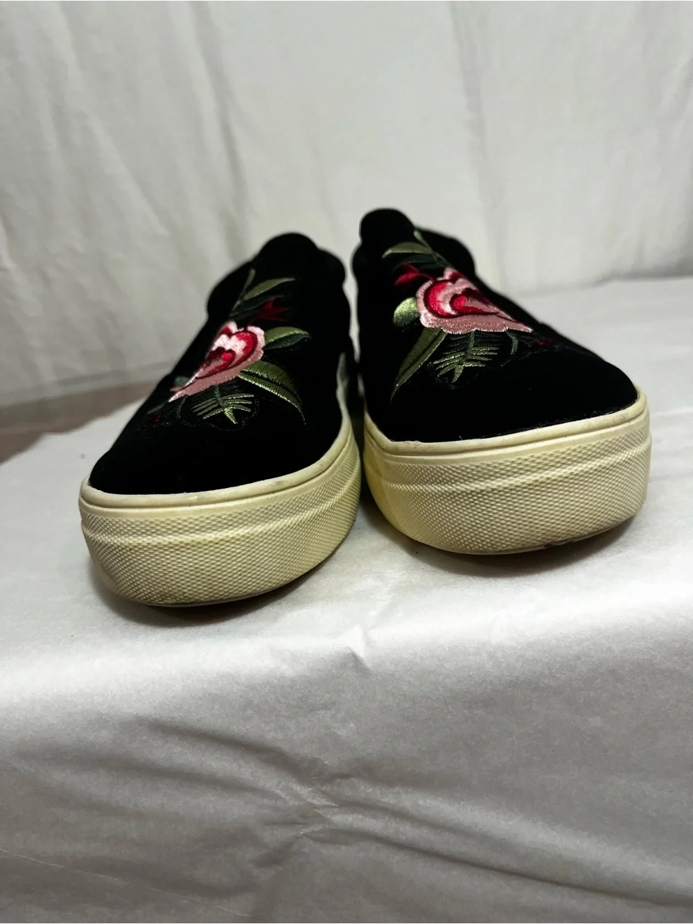 Brash Black Velvet Espadrilles with Pink Floral Embroidery